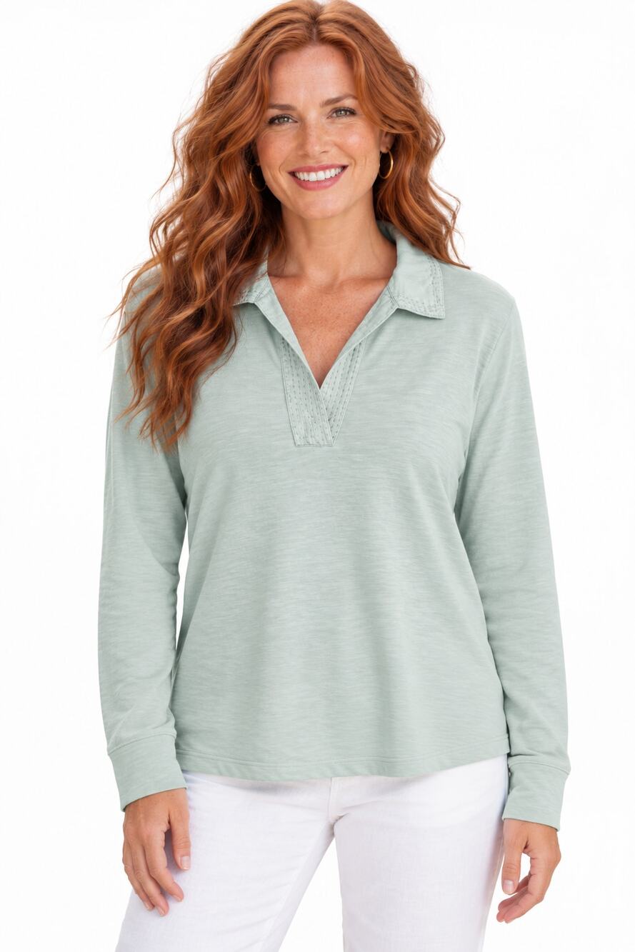 J. Jill Purejill Johnny Collar Top Womens Medium Green Organic French Terry